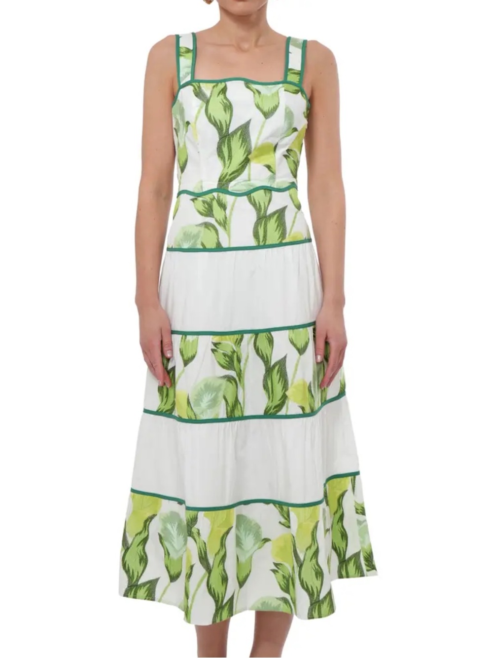 Adelyn Rae White & Green Floral Tiered Midi Dress